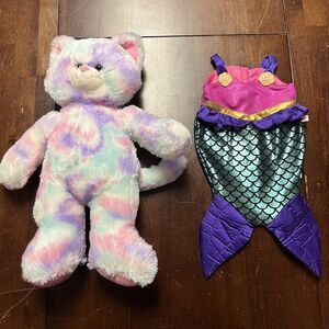 Build A Bear Plush Pastel Swirl Tie-Dye Kitty Cat 17" & The Mermaid Outfit